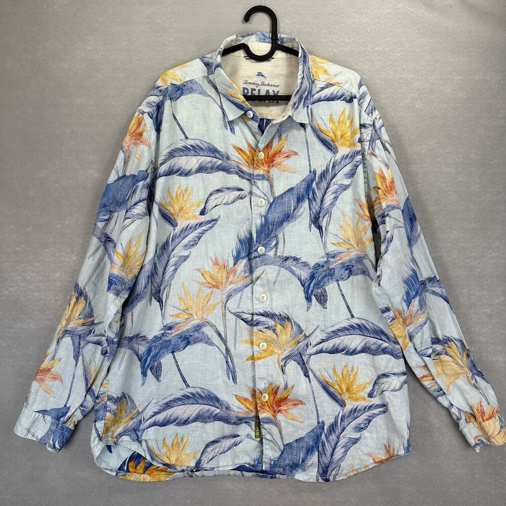 Tommy Bahama 100% Linen Men’s‎ XL Relax Hawaiian Shirt Blue Floral Long Sleeve